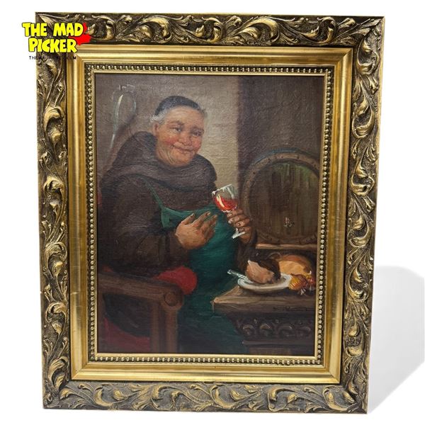 Drinking Monk Signed Painting Canvas Homage to Ernest Nowak w Gilded Wood Frame 22x26.5"