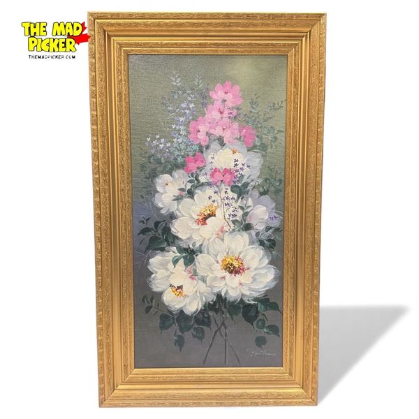 Original Painting of Flowers on Canvas Artist Signed in Heavy Wood Gilded Frame 16.5x28.5"