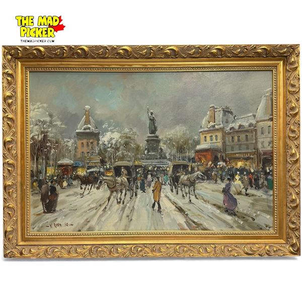 Original Parisian Street Scene Painting Antoine Blanchard Homage Signed by Y. Riva w Gilded Frame