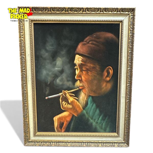Original Painting on Velvet of Man Smoking Opium Artist Signed 23x29"