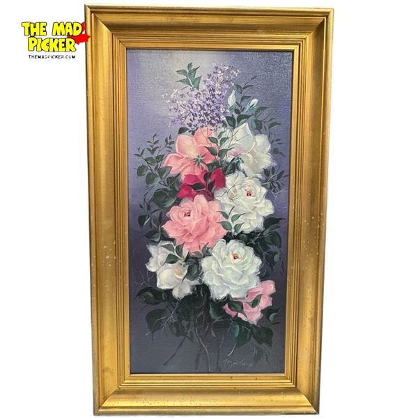 Original Painting of Flowers on Canvas Artist Signed in Gilded Wood  Frame 16.5x28.5"