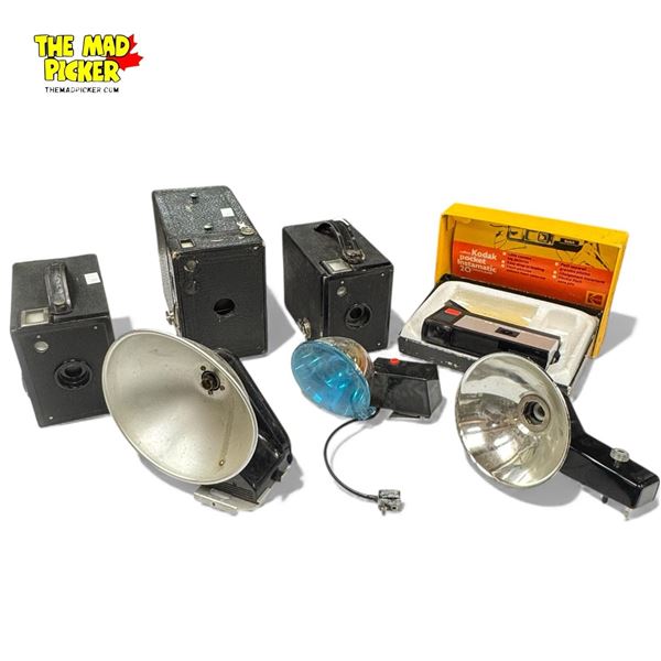 Collection of Vintage Box Cameras, Polaroid Pocket Instamatic and Flashes
