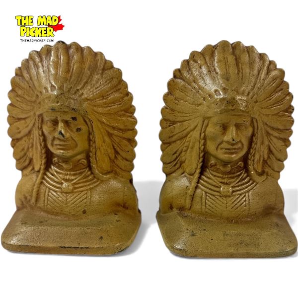 Pair of Cast Iron Native American Indian Chief Bookends 6" Tall Stamped 802 Early - Mid 20th Century
