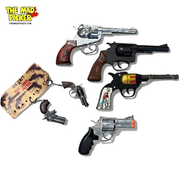 Collection of 6 Vintage Cap Guns & Toy Handguns: Revolvers, Derringer, Metal, Litho & Plastic
