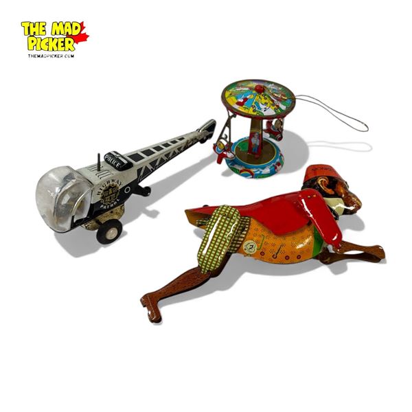 3x Tin Litho Toys:  Climbing Monkey, Highway Patrol Helicopter & Schilling Rocket Ride