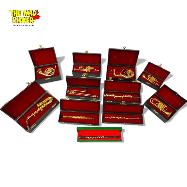 Collection of Real Brass Musical Instrument Ornaments in Boxes Brass Section and Clarient