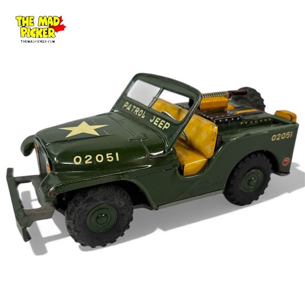 Vintage Tin Litho American Army Jeep Friction Toy w Flip Back Seat