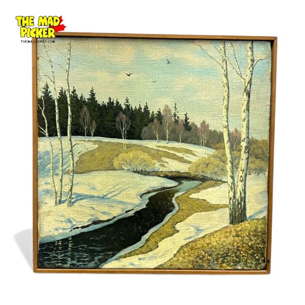 Framed Original Russian Painting on Canvas Winter Scene Artist Signed in Cyrillic 16.5x16.5"