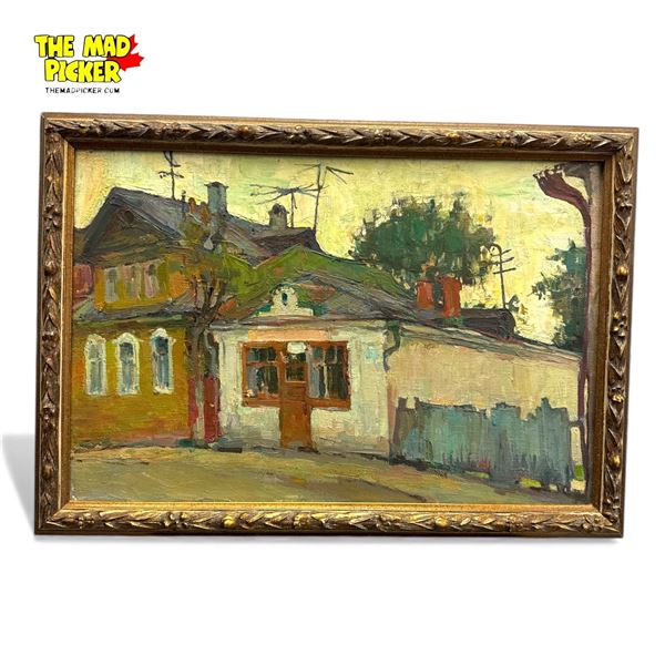 Framed Original Russian Painting on Canvas Signed in Cyrillic 1990 26.5x19"