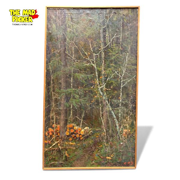 Framed Original Painting on Canvas Forest Seen Signed H. Maaahekob 16x27.5"