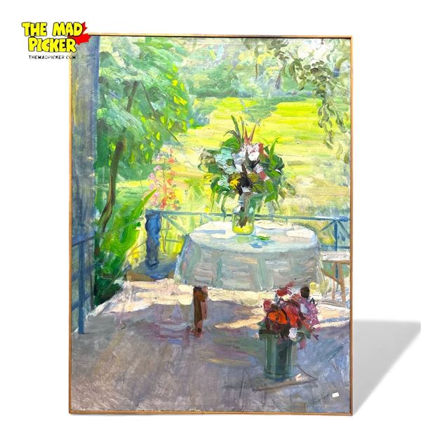 Large Framed Still Life Painting Signed 1990 "Fepbyhyobb?" 35x46.5"