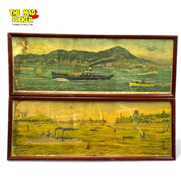 2x Vintage Framed Maritime Prints of Hong Kong and Canton "Guangzhou" Harbour in The Early 20th Cent
