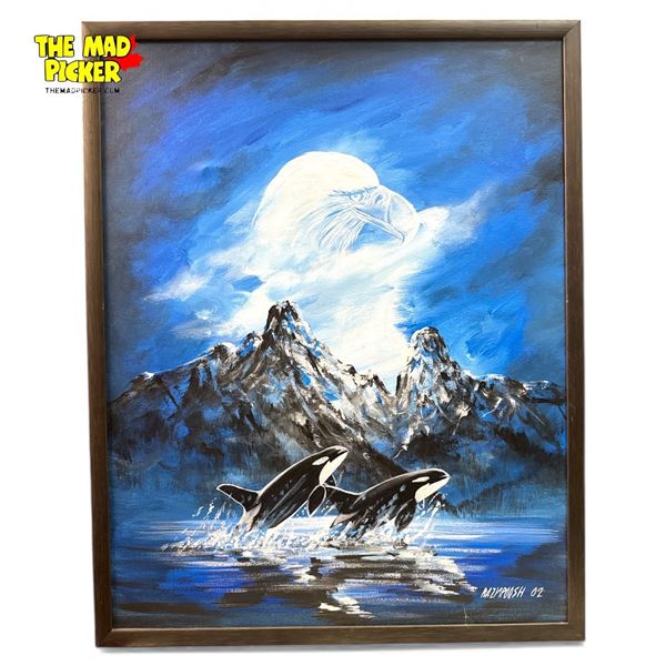 Framed Original Painting Of Killer Whales and Eagles Signed by Bazmpoosh 02 23.5x29.5"