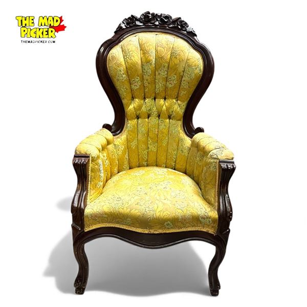 Antique Victorian Parlor Chair Circa 1880's Repo Balloon Back in Mahogany w Tufted Upholstery 