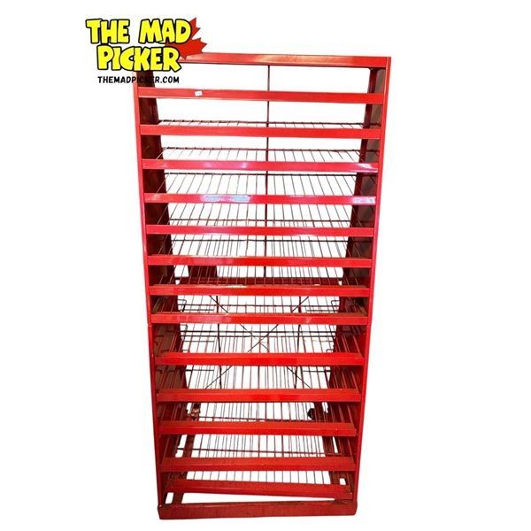 Automotive Parts Store Display Red Metal Shelving on Wheels 64 x 30 x 20"