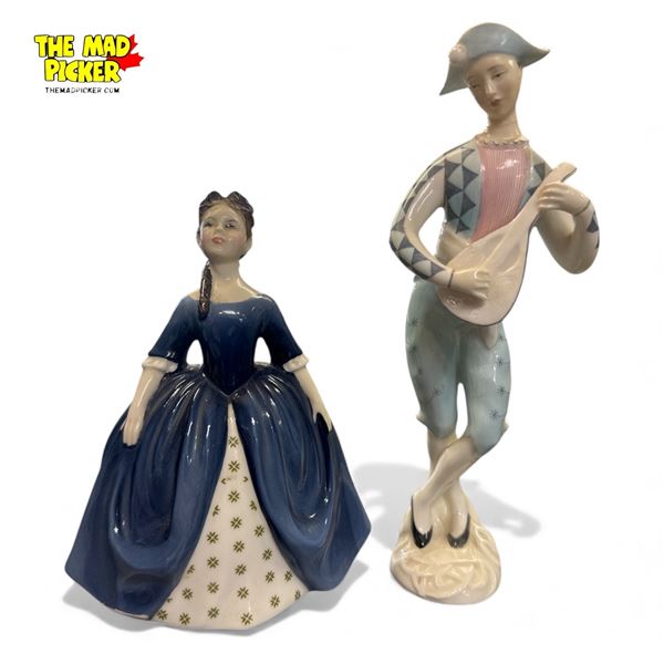 Pair of Royal Doulton porcelain figurines 'Debbie' HN 2385 (1969–82) & 'Harlequin' HN 2186 
