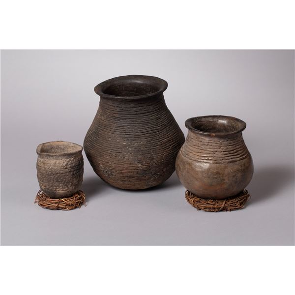 Group of Three Prehistoric Ancestral Pueblo (Anasazi) Corrugated Ollas, Ca. 1200AD
