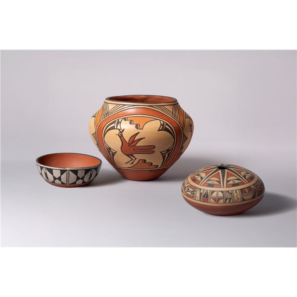 Three Interesting Pueblo Pots including a Zuni Decorated Seed Pot, a Zia Pot by Sofia Medina (1932 -