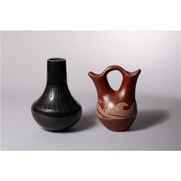 Two Pueblo Pots including aSan Ildefonso Feather Design Vase by Blue Corn and a Santa Clara Serpent 
