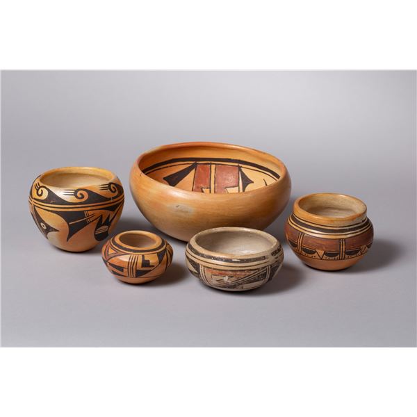Group of Five Hopi Redware Polychrome Bowls