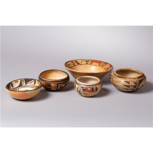 Group of Five Vintage Hopi Redware Polychrome Bowls, with Artist-Signed piece by Josephine Kachinman