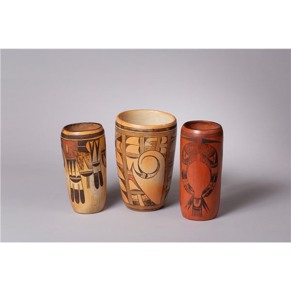 Group of three Hopi Pueblo Polychrome Historic Pottery Cylinders