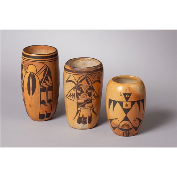 Group of Three Hopi Polychrome Redware Pottery Cylinders