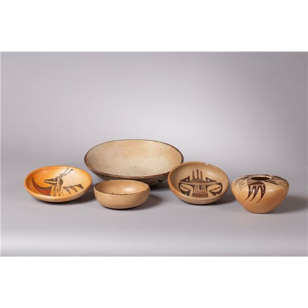 Group of Five Vintage Hopi Polychrome Pottery Bowls