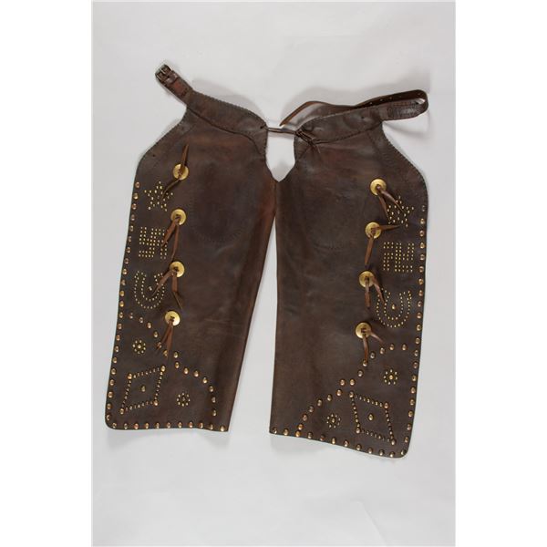 Rare Vintage Hamley & Co Studded Chaps with Whirling Log Symbols, Ca 1910-1920s