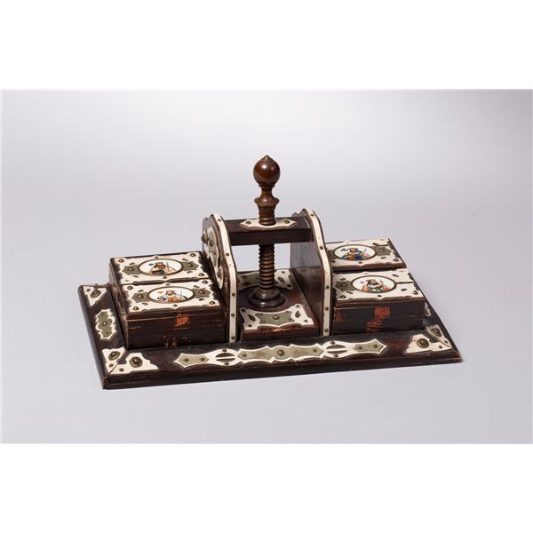 Rare 1800s Saloon Era Playing Card Press with Four King Suit Boxes and Chips