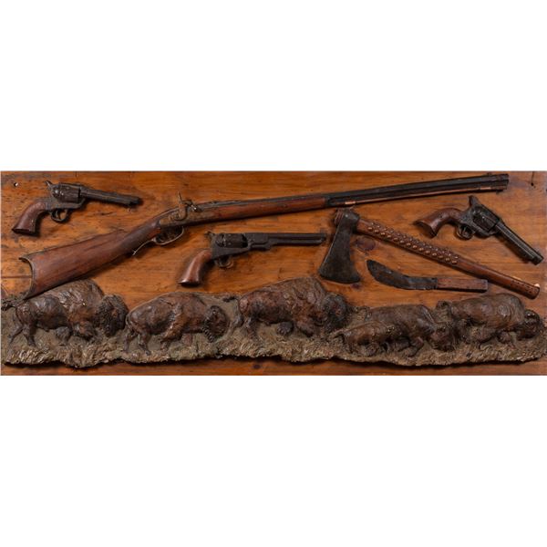 Pair of Bill Freeman Mosaic on Board: One Featuring Carved Bison Herd with Rifle, Another Featuring 