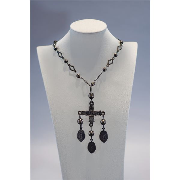 Mexican /Spanish Necklace Silver Beaded with Cross and Icons