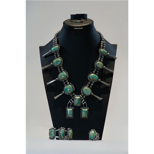 Vintage Navajo Sterling Silver Turquoise Jewelry Set including Squash Blossom Necklace, Cuff Bracele