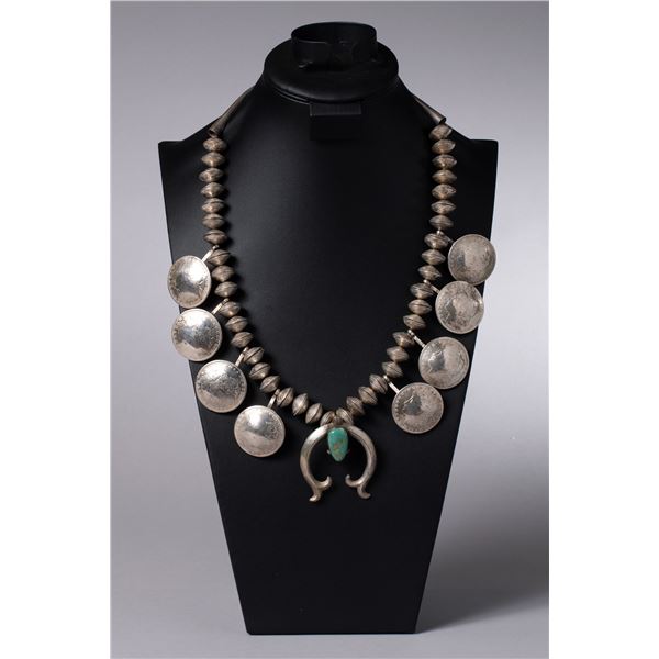 Vintage Navajo Morgan Dollar Coin Squash Blossom Necklace with Turquoise Naja