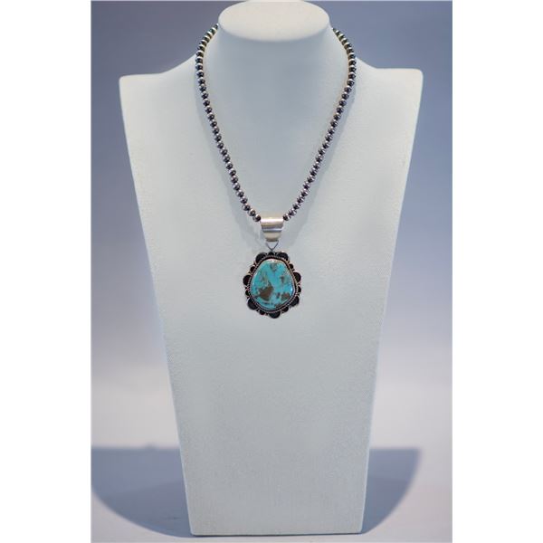 Navajo Silver Bead Necklace with Turquoise Pendant