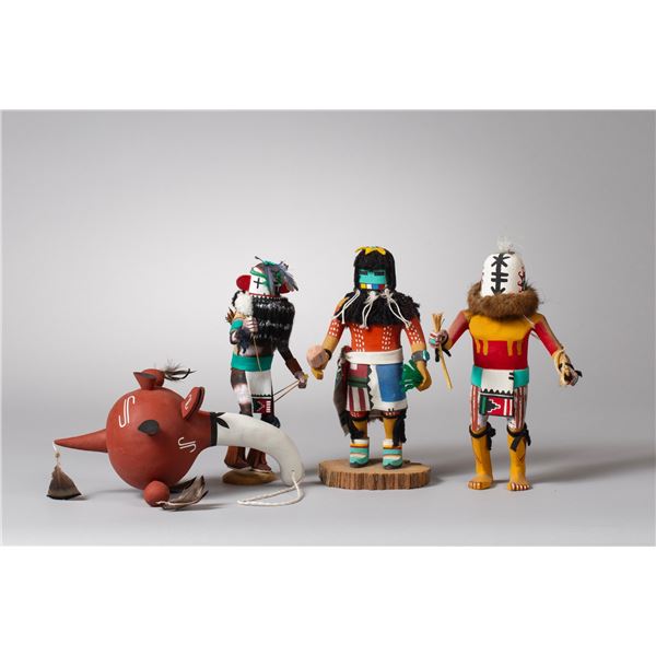 Four Hopi Kachina Dolls and Rattle