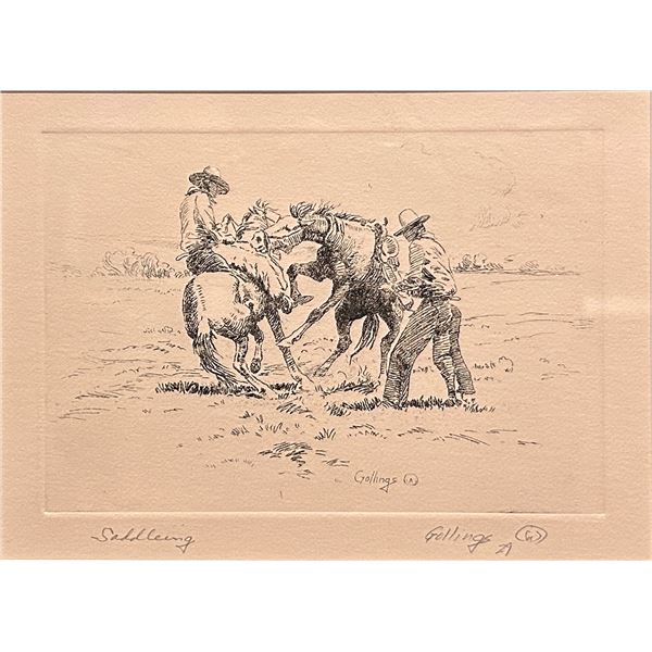 Bill Gollings (1878-1932)"Saddling" Signed and Dated Etching