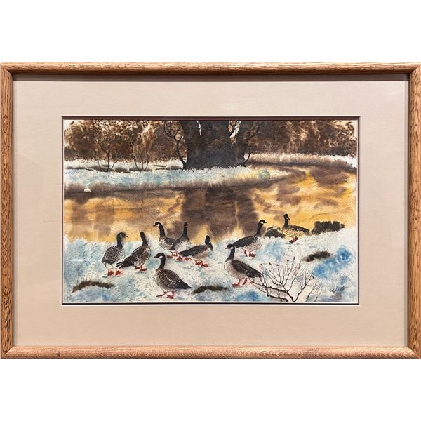 John Yato (b. 1950) "Geese" Watercolor on tissue paper