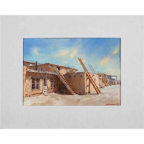 Brahim Bouhamadi (b. 1956) "Untitled: Group of three Pueblo scenes in Acoma Watercolors, 2007-2008";