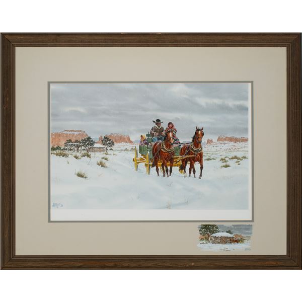 Ron Stewart (b. 1941), "Untitled, Native Americans in Wagon Snow Scene" Watercolor and gouache on pa