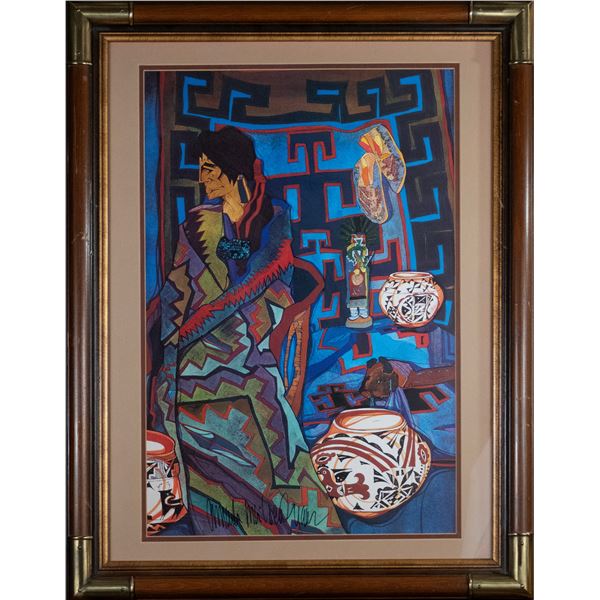 Amado M. Pena Jr. (b. 1943), "Untitled: Pots, Katchina (katsina) & Moccasins"