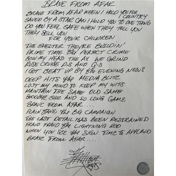 Red Hot Chili Peppers Brave From Afar Anthony Kiedis handwritten signed lyrics- GFA authenticated
