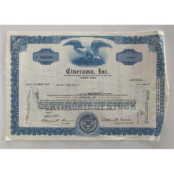 Cinerama Inc unsigned stock certificate