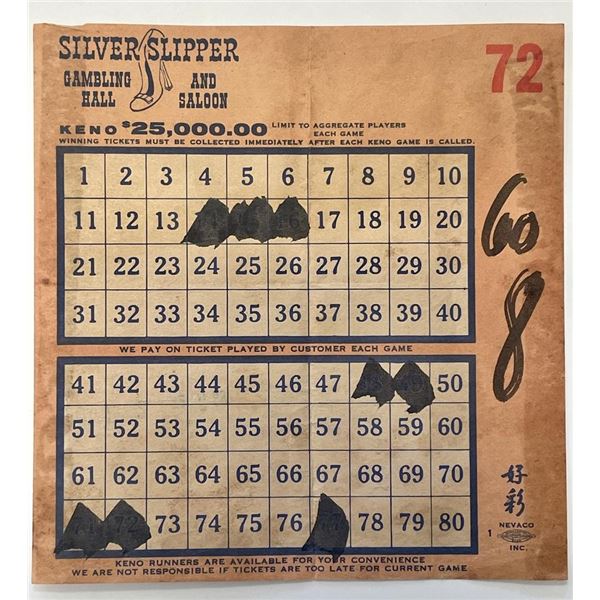 Silver Slipper Keno card