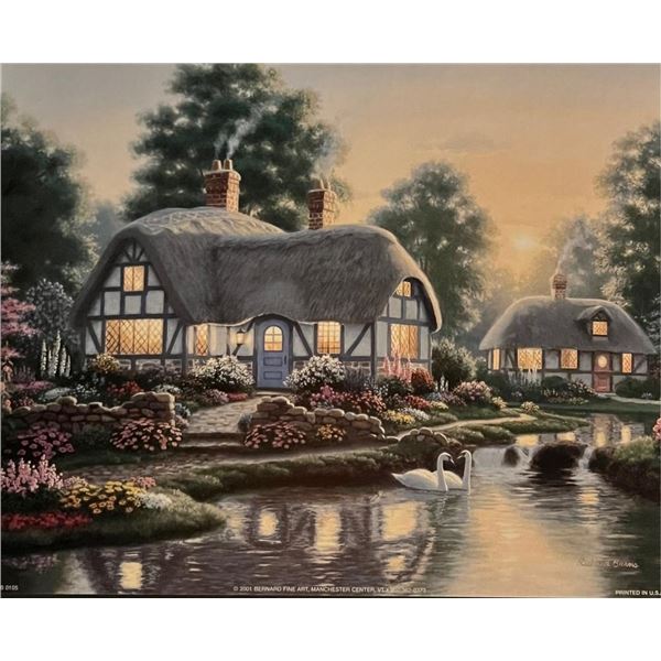 Vintage Cottage by the Pond with Swans Art Print