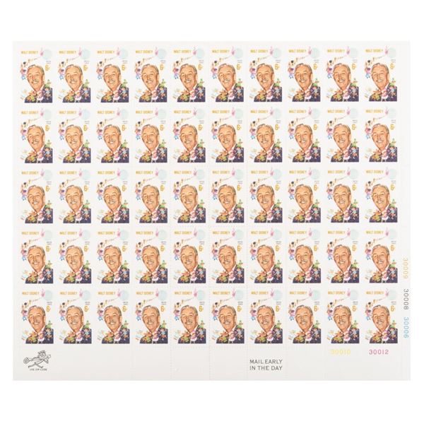 A Full Sheet of Walt Disney 6 Cent Stamps.
