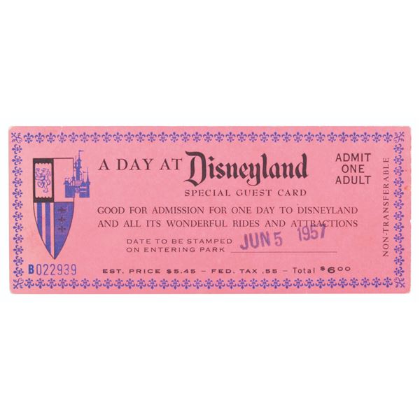 A 1957 Day at Disneyland Complimentary Ticket.