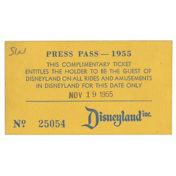 A Mouseketeer Signed 1955 Disneyland Press Pass Ticket.