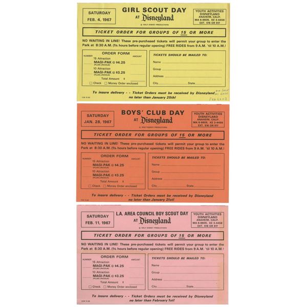 A Trio of Day at Disneyland Ticket Order Forms.