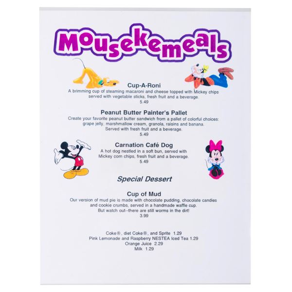 A Carnation Cafe Mousekemeals Menu.